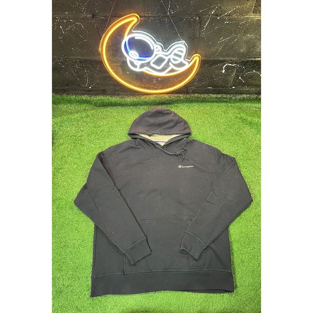 Champion‎ Blue Hoodie Sweatshirt Graphic Print Spell Out Logo Mens Size XL